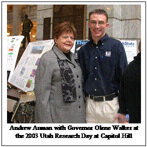 Text Box:  Andrew Auman with Governor Olene Walker at the 2003 Utah Research Day at Capitol Hill